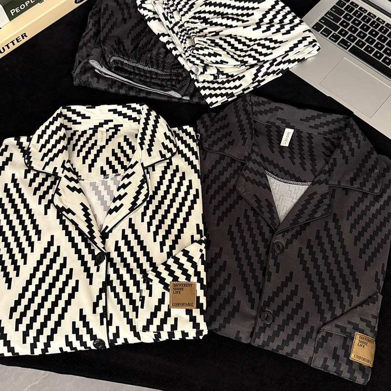 Pajamas for Men, Large Size 100kg Long-Sleeved Pants Two-Piece Suit, Simple Geometric Lines, Women's Couple Home Clothes