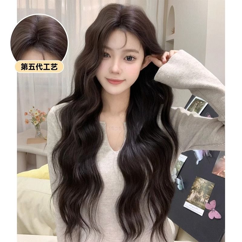 Duoxiu Wig Black Tea Color Internet Celebrity Style Water Wave Curly Front Lace Fashion Elegant Lolita Full Wig