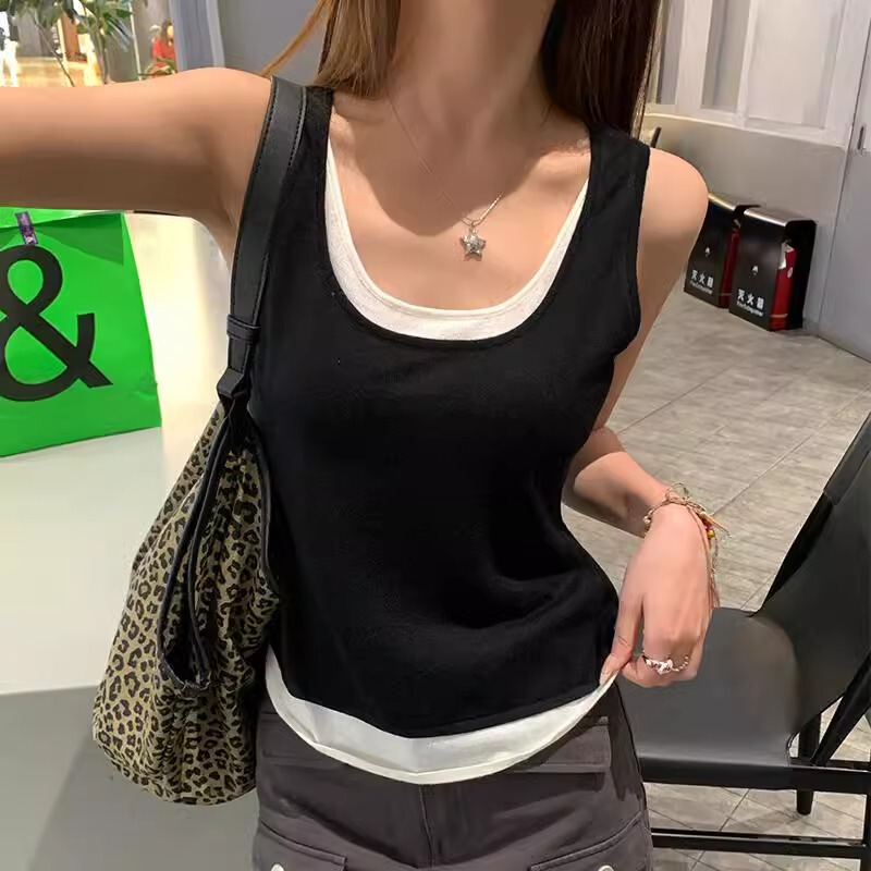 Summer New Fake Two-Piece Long Vest Pure Color Versatile Knitted Sleeveless Suspender Belt with Chest Pad Slim Outer Cotton Top Summer New Fake Two-Piece Long Vest Pure Color Versatile Knitted Sleeveless Suspender Belt with Chest Pad Slim Outer Cotton Top