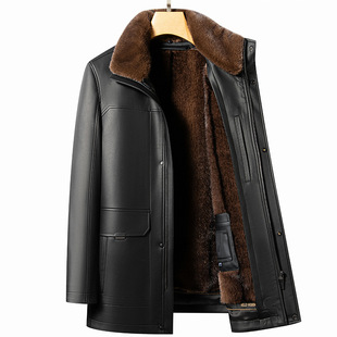 Autumn and Winter Coat Fur One-piece Leather Clothing Removable Fur Collar Men's Middle-aged and Elderly fleece-lined Thickened Leather Jacket Leather Clothing for Men