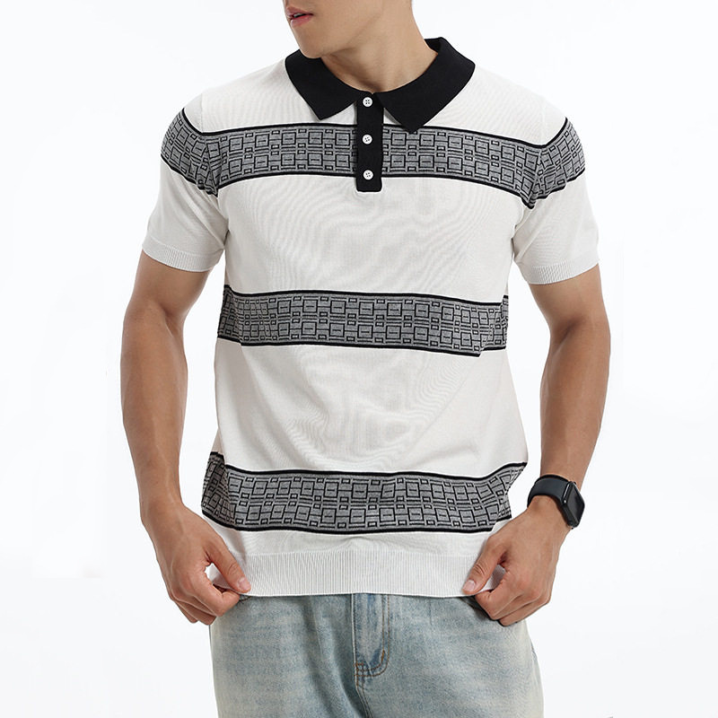Polo camiseta de punto camiseta de manga corta hombre solapa rayas retro camiseta de seda de hielo de verano fábrica al por mayor