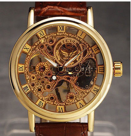 Foreign trade hot selling SEWOR Gold hollow manual mechanical watch sports business leather casual men's watch