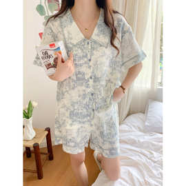 实拍2025新款睡衣女夏季棉纱布短袖短裤简约宽松家居服套装批发