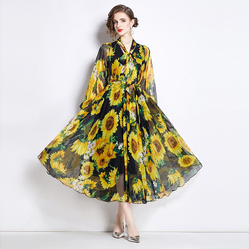 2024 Cross-border European and American Foreign Trade Amazon Retro V-neck Long Chiffon Dress Women's High-end Long Sleeve