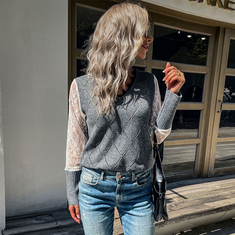 Solid Color Lace Splicing V-neck Pullover Sweater Pullover_voghion.com