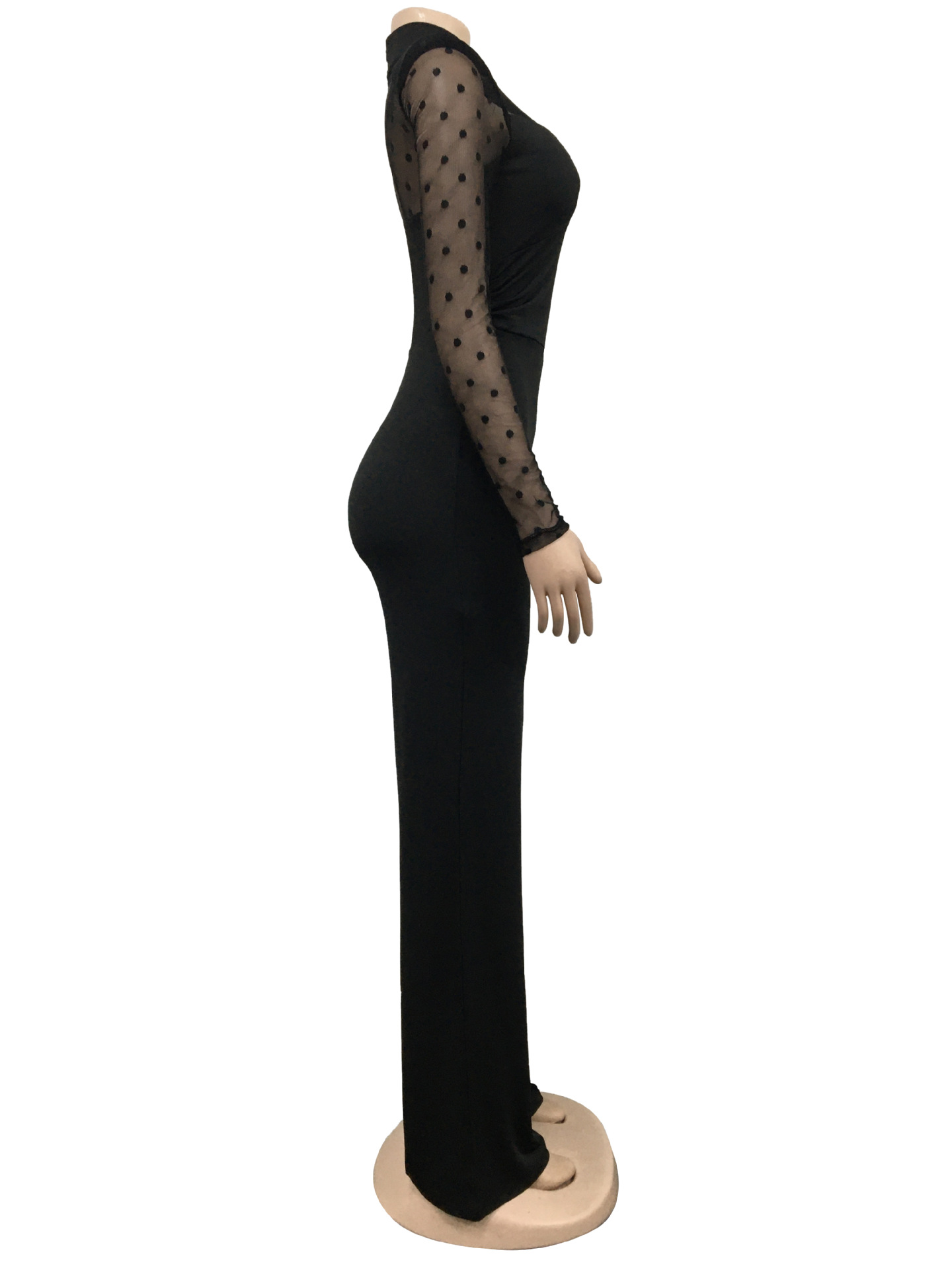 Women's Clothing fashion women's polka dot mesh see-through long-sleeved trousers solid color jumpsuit_voghion.com