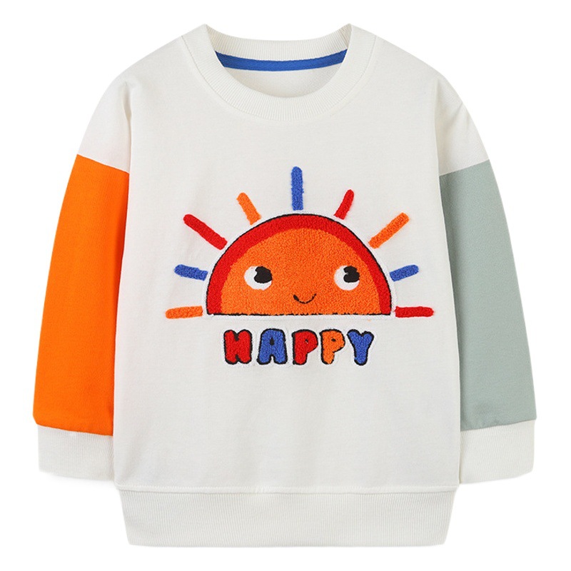 Primavera y otoño nueva ropa para niños sudaderas estilo europeo y americano dibujos animados para niños cuello redondo camisas de fondo moda empalme manga sudaderas para niños