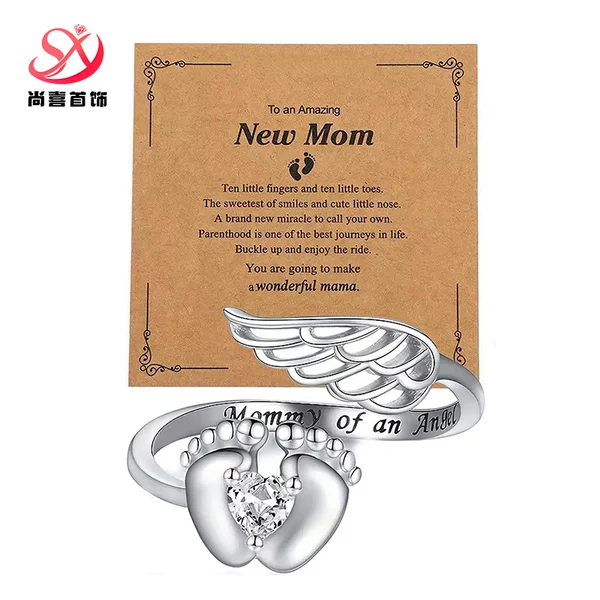 European and American cross-border bestseller angel-engraved baby footprint ring, stylish design, Mother's Day gift for mom
