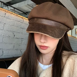 2025新款美拉德棕色贝雷帽女秋冬季复古画家帽子显脸小报童八角帽