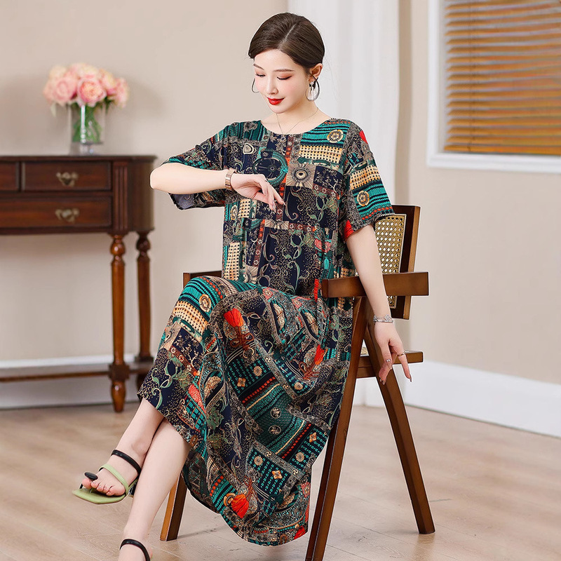 Summer Middle-Aged and Elderly Women's Cotton Silk Nightgown Plus Fat Plus Size Loose Mother's Casual Short-Sleeved Home Wear Dress