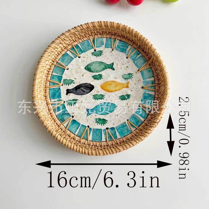 藤编贝壳托盘客厅零食收纳盘糕点茶盘圆形贝壳收纳托盘水果篮|undefined