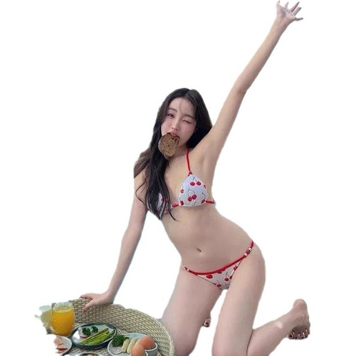 Bikini with Separate Bottom, Cherry Blossom Print, Hot Spring Style, Small Cup Women's Swimwear