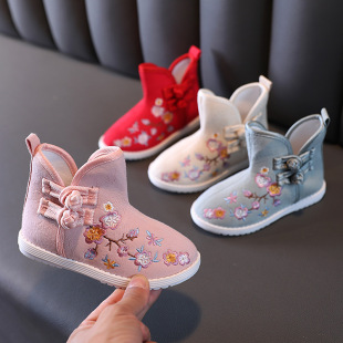 Girls' embroidered shoes Children's Hanfu shoes autumn and winter old Beijing cloth shoes Chinese style children's high-top ancient costume dance shoes
