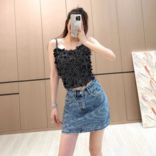 深圳南油高端原单小香风2025春夏波浪点印花图案字母刺绣牛仔半裙