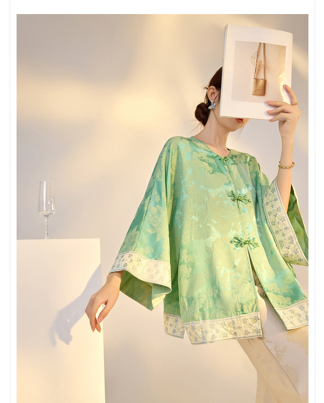 Áo sơ mi nam dài tay họa tiết in hình phong cách retro thanh lịch — Xanh lục chi tiết 13