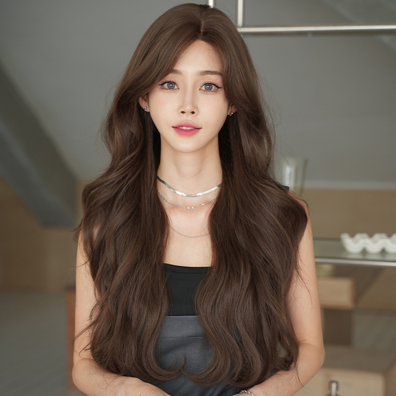 Japanese and Korean Wig Women's Long Curly Hair Large Wave Chemical Fiber Emulated Hair Hand-Woven Lace Full Top Full Head Cover Natural Japanese and Korean Wig Women's Long Curly Hair Large Wave Chemical Fiber Emulated Hair Hand-Woven Lace Full Top Full Head Cover Natural