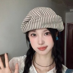 新款日系文艺条纹棉麻贝雷帽子女春夏显脸小报童帽复古画家帽潮