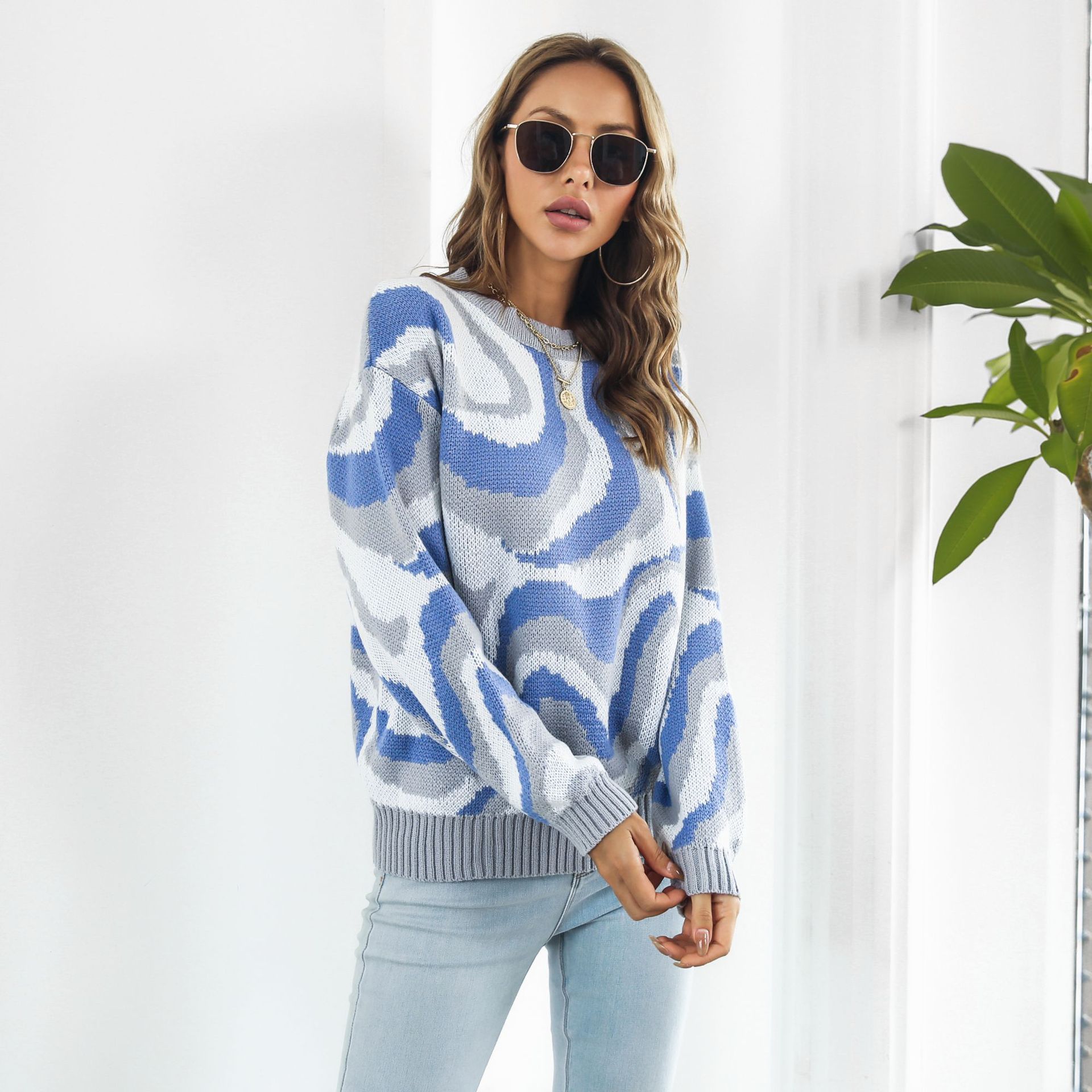 Tie Dyed Brocade Sweater Women Loose Autumn Winter Long-Sleeved Casual Knitwear Sweater
