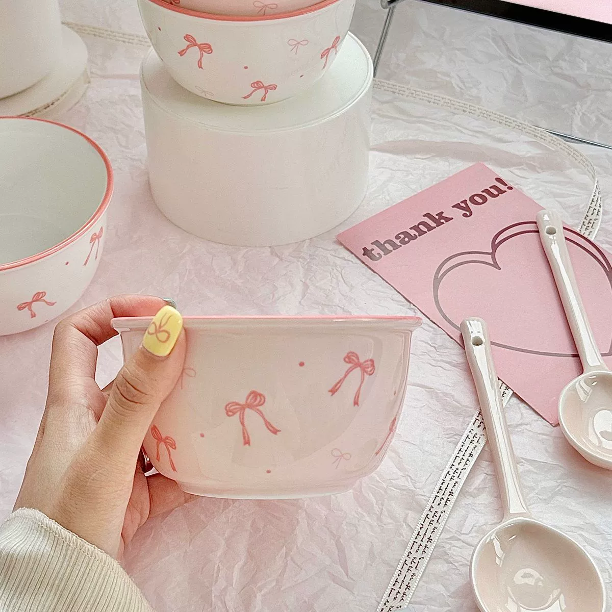 Tableware Set (Cute) with Bow Accent, Ceramic Dinnerware, Multiple Sizes 4.5–8.5 in