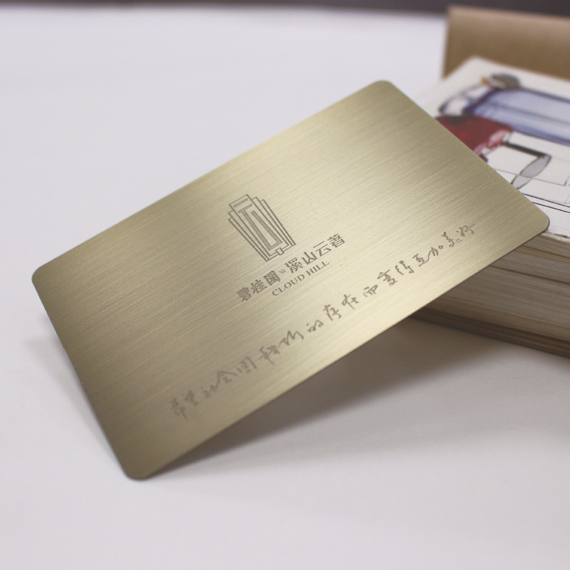 不锈钢电镀青古铜腐蚀凹下拉丝精美个人名片镂空LOGO丝印文字内容