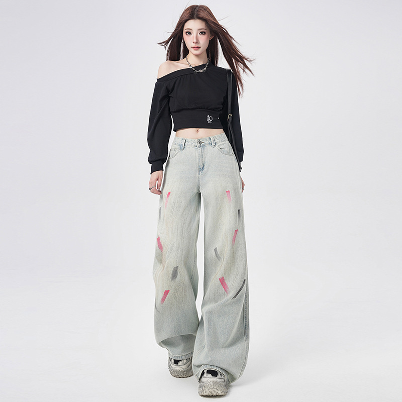 2026 Spring New Style Printed Heavy Craft Wide Leg Pants Women's Straight Pants Sexy Retro Style Jeans for Women