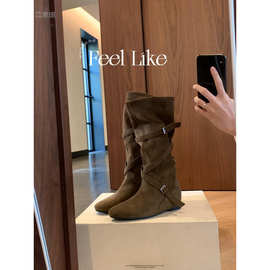 牛皮版葡萄妈内增高6cm骑士靴女交叉扣带褶皱长筒靴显瘦中筒靴子