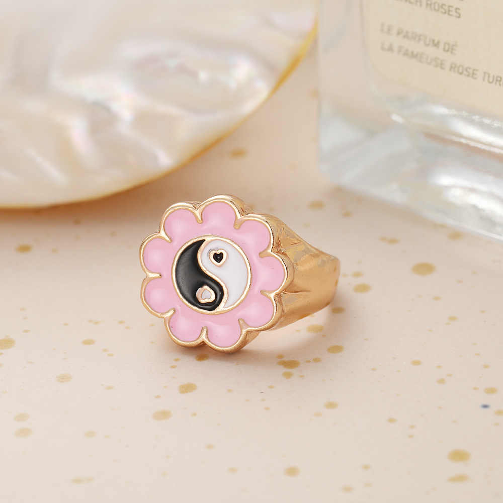 Cross-border Ins New Oil-spot Glaze Flowers Ring Sweet Loving Heart Gossip Tai Chi Ring Color Retention Electroplating Index Finger Ring Female display picture 7