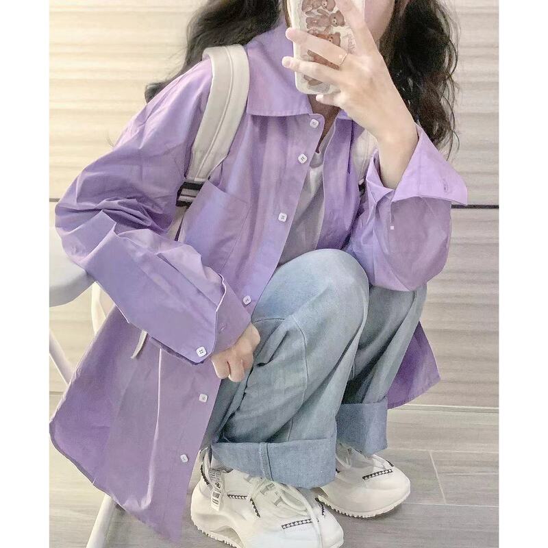 100%纯棉法式时尚衬衫女叠穿夏季薄款百搭显长袖衬衣防晒衣开衫|undefined