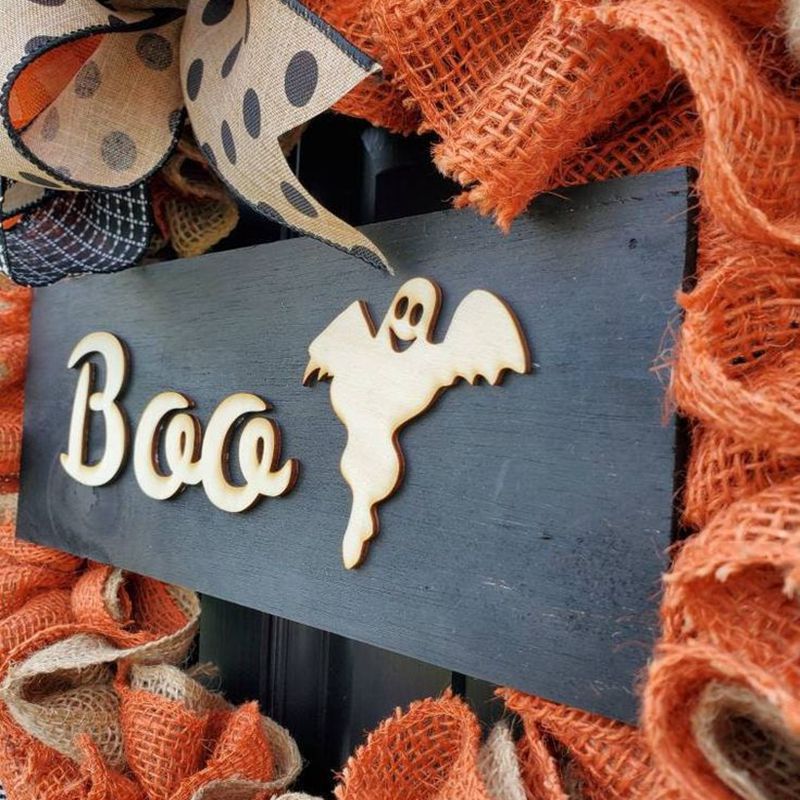 Maison & Jardin 2024 Nouvelle Couronne BOO Ornements de Porte Ruban en Tissu de Vacances Panneau en Bois Accessoires de Décoration d'Atmosphère_voghion.com
