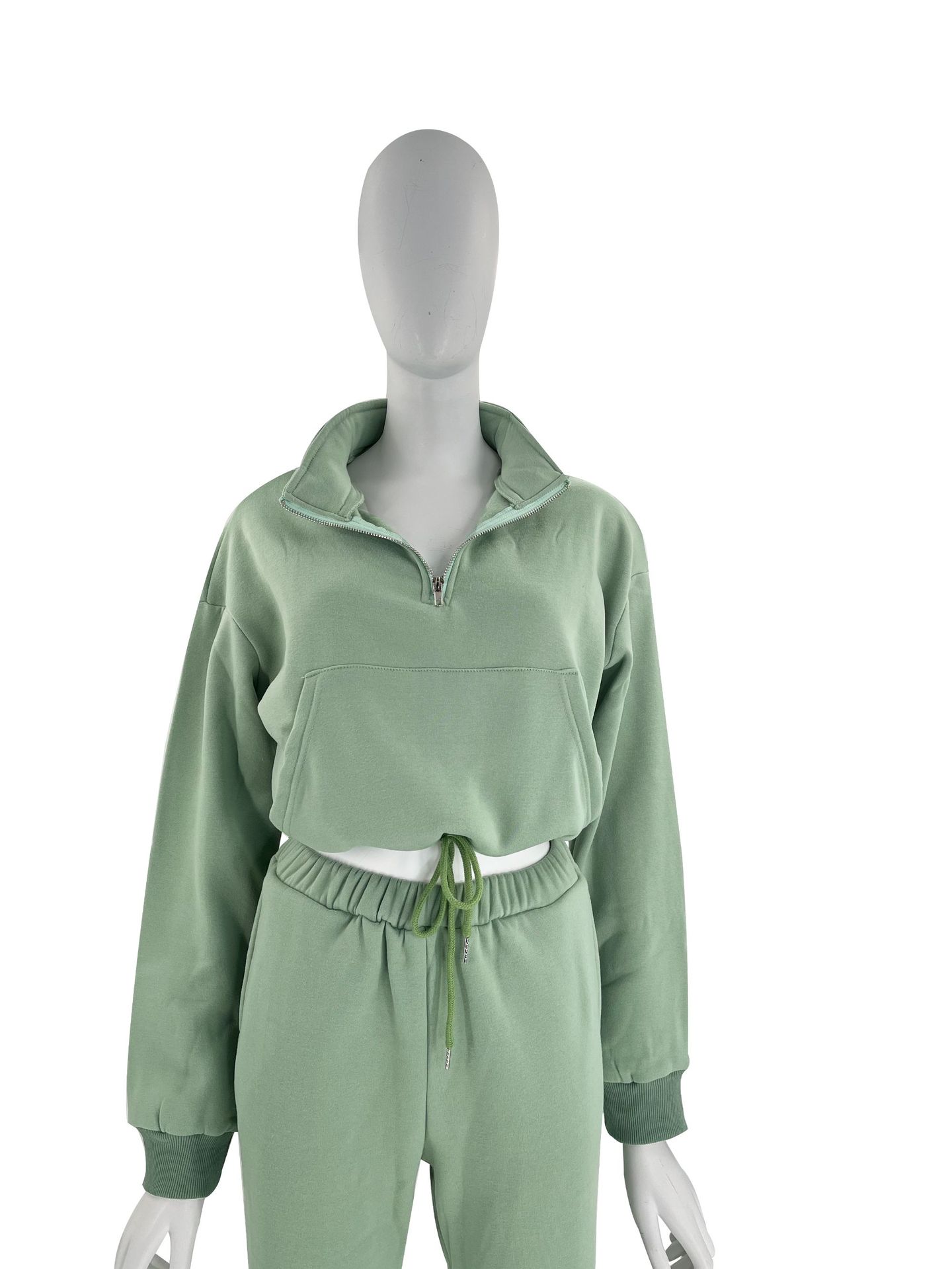 Women's Clothing 2024 autumn and winter solid color stand up collar zipper drawstring navel baring plus velvet sweatshirt casual sweatpants suit_voghion.com