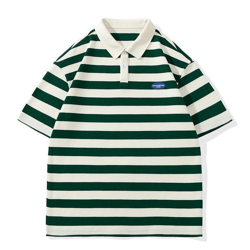 Polo camiseta de manga corta para hombres verano nuevo suelto camiseta de rayas pareja de moda de Hong Kong marca con solapa chaqueta media manga