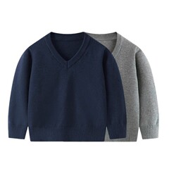 韓国版の春と秋の大きな子供用綿Vネックセーター、薄い無地のボトムス、男の子と女の子のカレッジスタイルのプルオーバーセーター