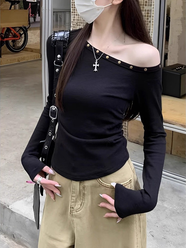 斜肩长袖t恤女显瘦秋装女款爆款2025新款设计感上衣时髦洋气衣服|undefined