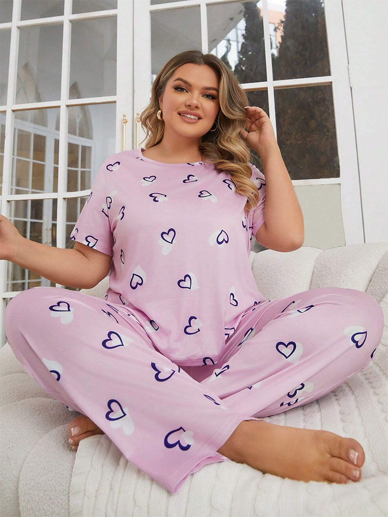 Dame nattøj sæt plus size med hjerteprint til efterår vinter_voghion.com
