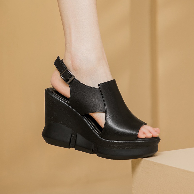 Sandal nữ đế xuồng miệng cá da bò, quai ngang đơn giản, gót cao 8 cm — Màu đen