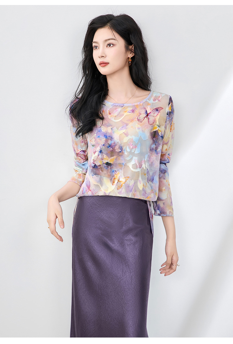 Áo sơ mi cổ tròn phong cách Tân Trung Hoa, chất liệu voan cắt hoa thanh lịch, tay ngắn mùa hè — Hoa bướm màu hồng chi tiết 28
