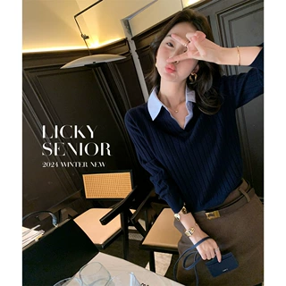 沐钧服装厂/ 25秋冬拼接衬衫领 polo假两件毛衣针织女长袖上衣