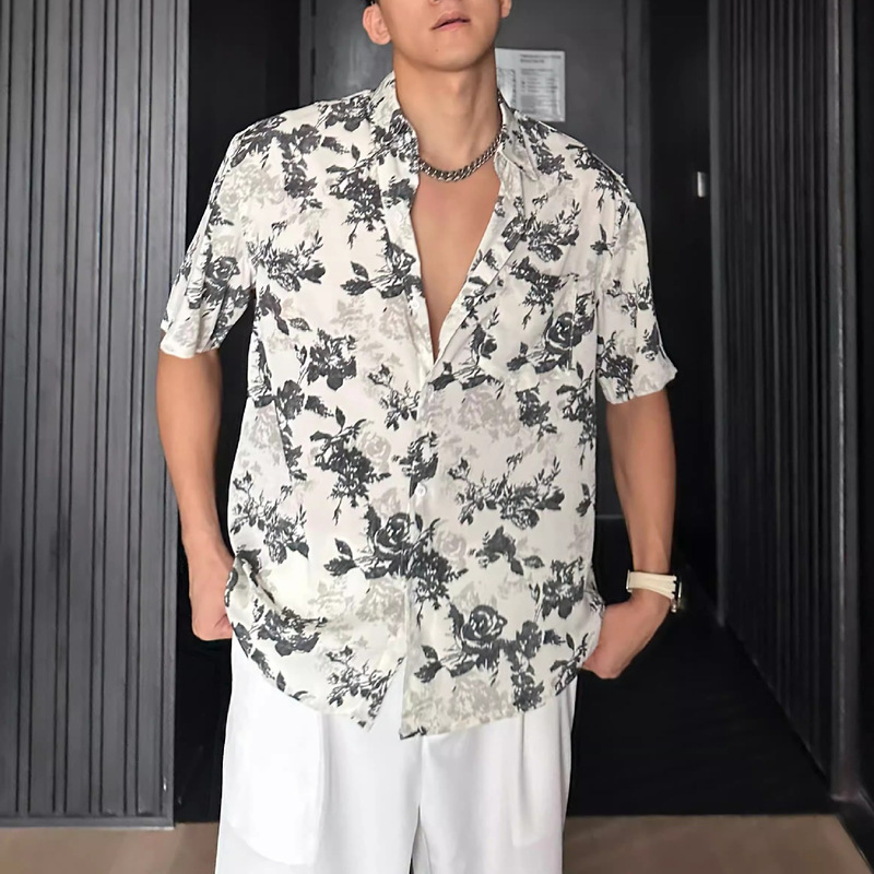 Summer Lightweight Breathable Hawaiian Vacation Style Loose Casual Hong Kong Style Draped Short Sleeve Printed Floral Shirt for Men
