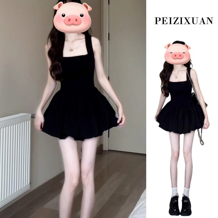 新款赫本风吊带方领背心修身收腰小黑裙女生日party礼服蓬蓬短裙