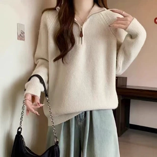 半拉链高领毛衣女秋冬大码内搭打底针织衫胖mm慵懒风显瘦加厚上衣