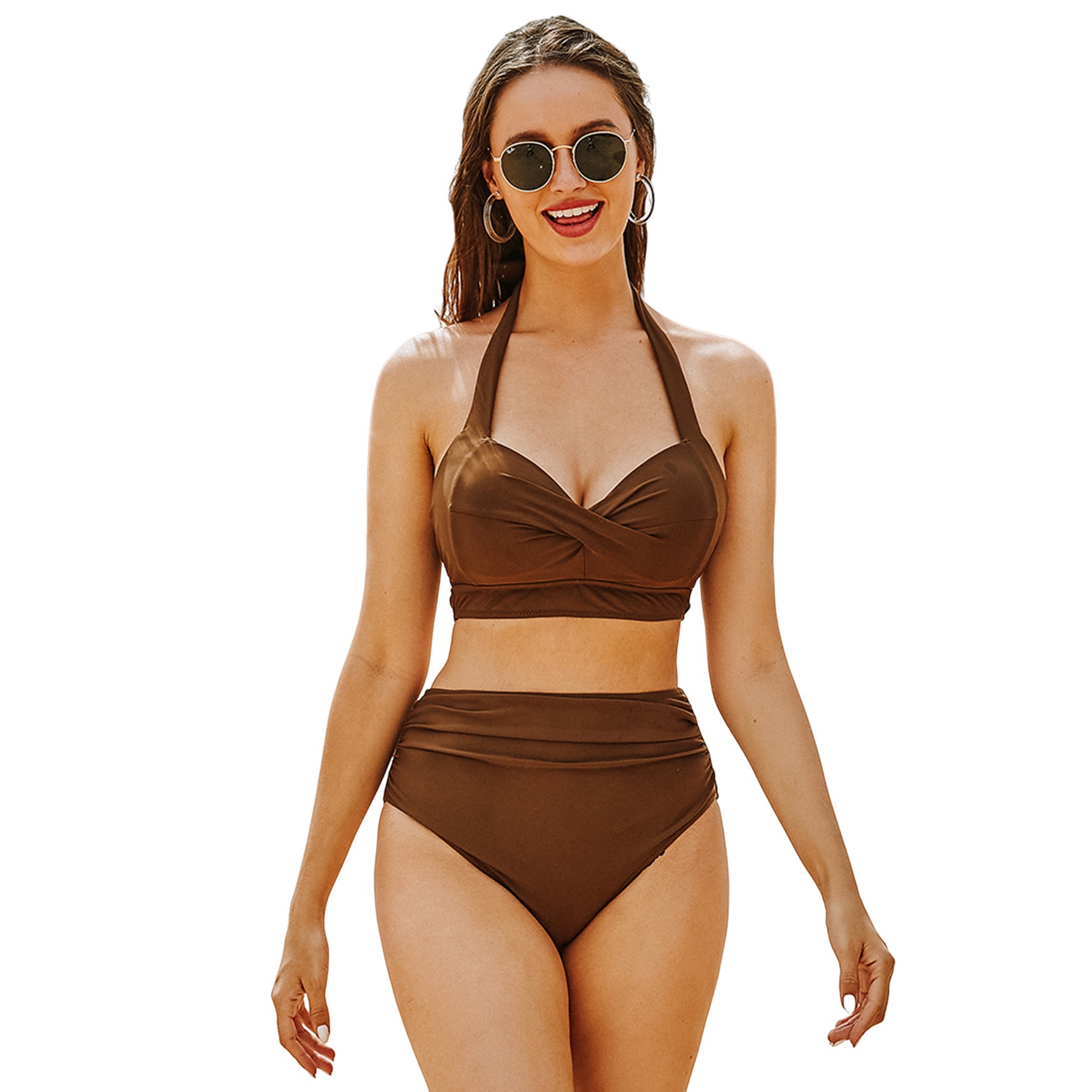 Traje de baño europeo y americano de dos piezas para mujer, de cintura alta, fruncido, con lazo en la cintura, estampado de lunares, bikini multicolor, alta elasticidad.