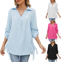 亚马逊欧美跨境外贸2025春夏新款纯色翻领宽松中袖衬衣雪纺上衣女