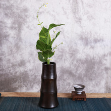 竹筒花器禅意复古日式创意摆件大火山竹节中国风茶道插花器皿家用