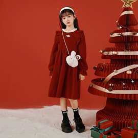 女孩红色裙子秋装中大童新中式花边撞色公主风洋气可爱甜美连衣裙