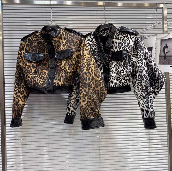 New Hot Girl Crocodile Leather Pattern Stitching Design Leopard Print Short Jacket