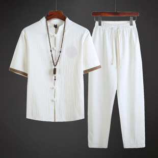 Chinese Style Men's Summer Thin Linen Suit Men's Chinese Tang Suit Han Dynasty Two-piece Set Retro Cotton and Linen Tea Zen Suit