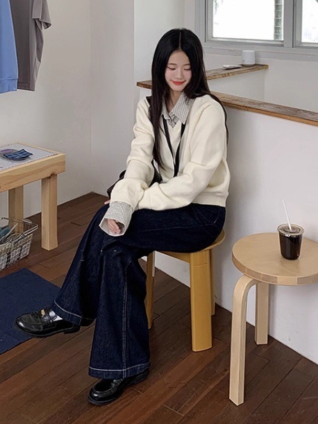 学院风格纹假两件毛织女圆领刺绣针织休闲慵懒感外套上衣|undefined