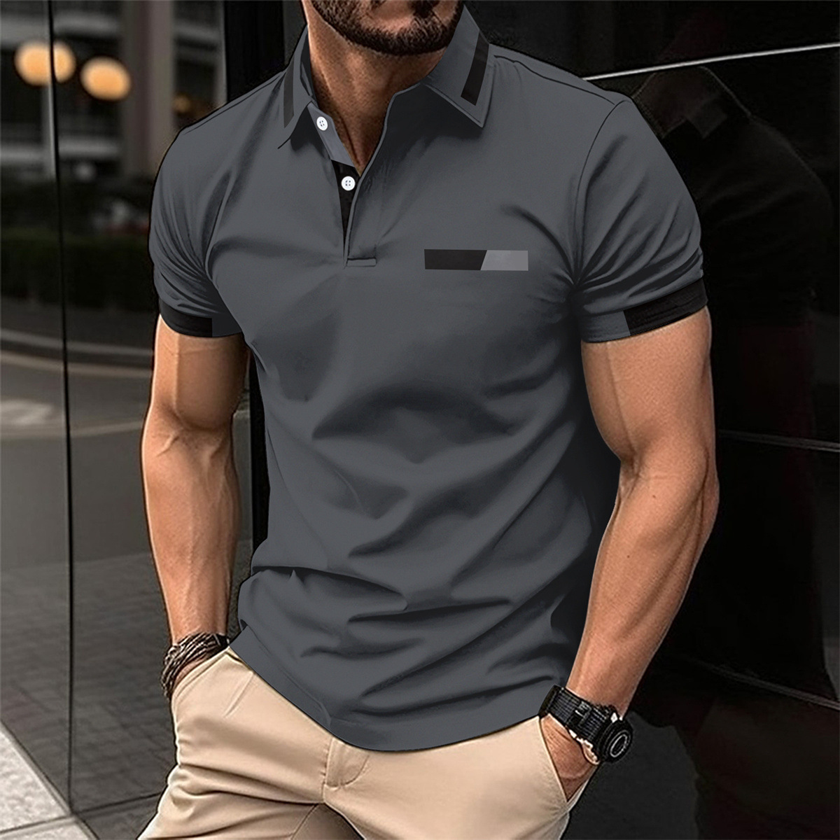 Amazon nuevo transfronterizo de los hombres de la camisa de polo ocasional pecho falso bolsillo solapa botón de negocios camiseta superior de los hombres