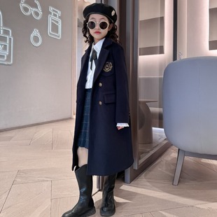 2024 spring new girls' medium and large children's mid-length woolen coat embroidered gold standard British preppy style cotton-padded