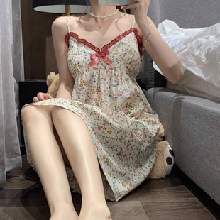 Pure Desire Style Floral V-neck Sling Nightgown Women's 2023 New Summer Sexy Cute Home Clothes with Chest Pad